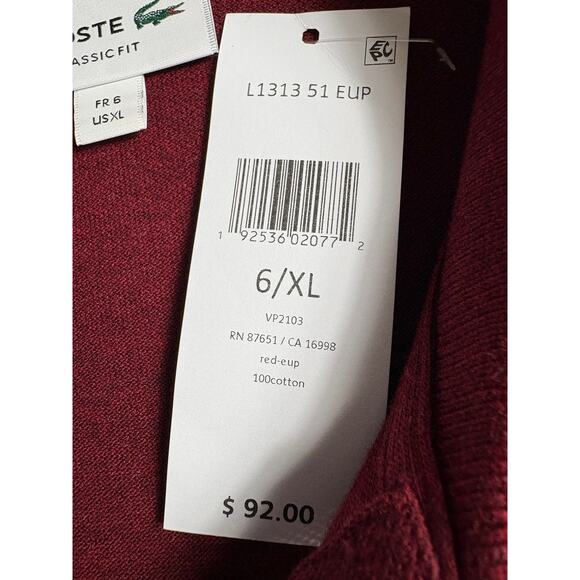 Lacoste Men's Polo Shirt Long Sleeve Size XL Red Burgundy NWT Classic Fit Cotton - Picture 6 of 8